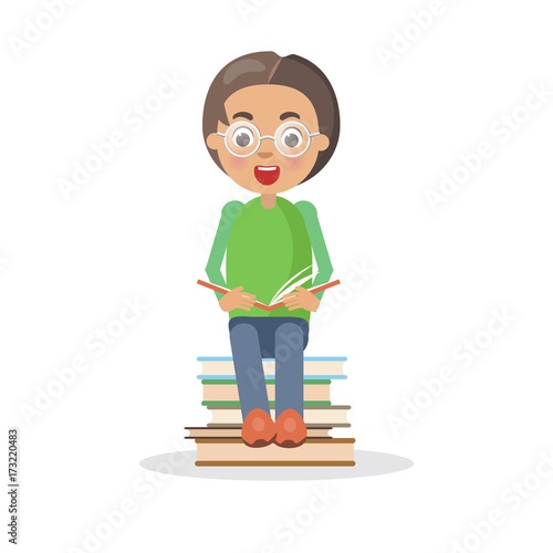 Excited Boy in Glasses Sits on Heap of Books