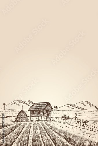 Hand drawn farmers at rice filed, vector