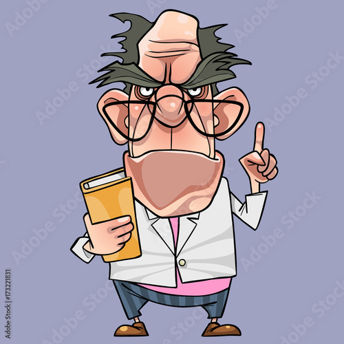 cartoon frowning and strict man professor with a book