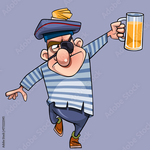 cartoon one-eyed man in a seamans clothes with a glass in his hand