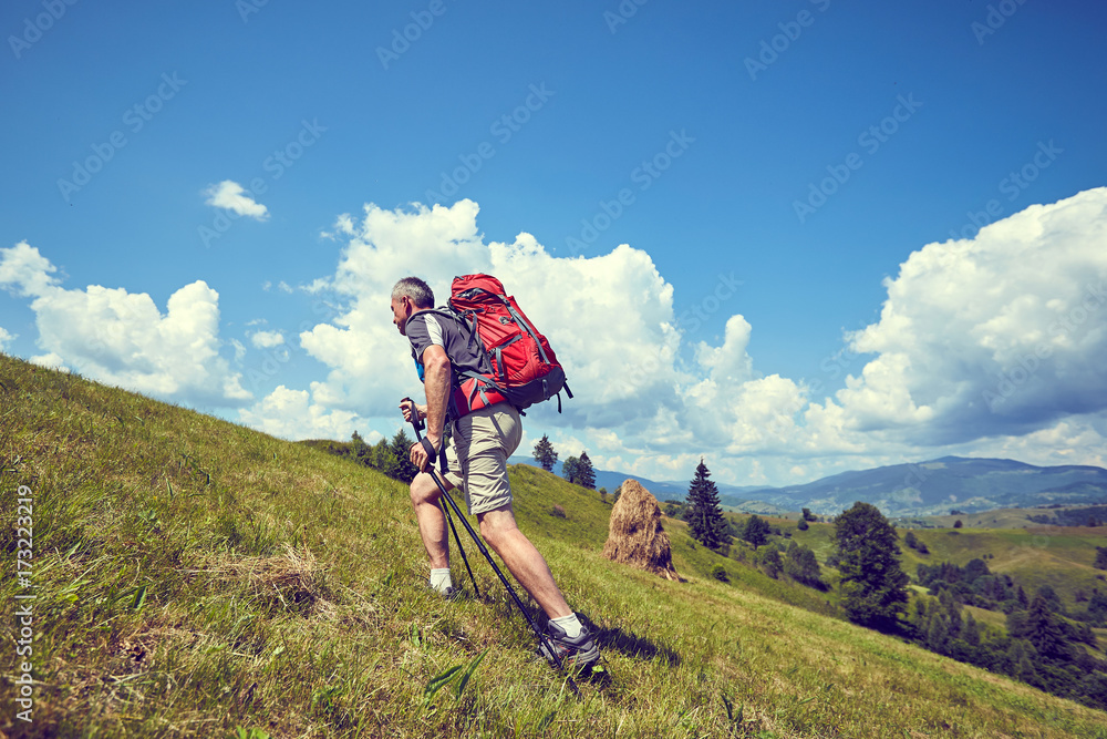 Obraz premium Hiking in the mountains in the summer with a backpack.