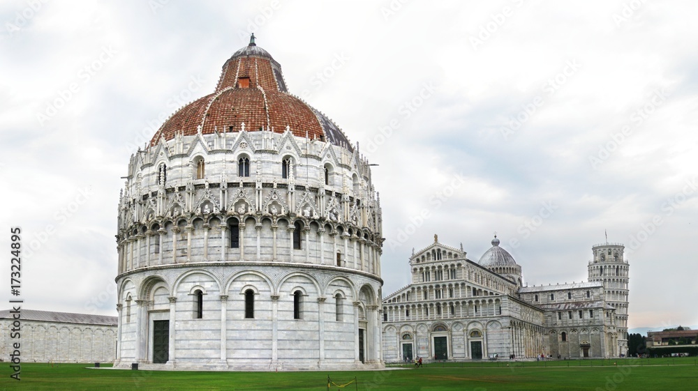 Wide panorama of architecture of Pisa, Italy.