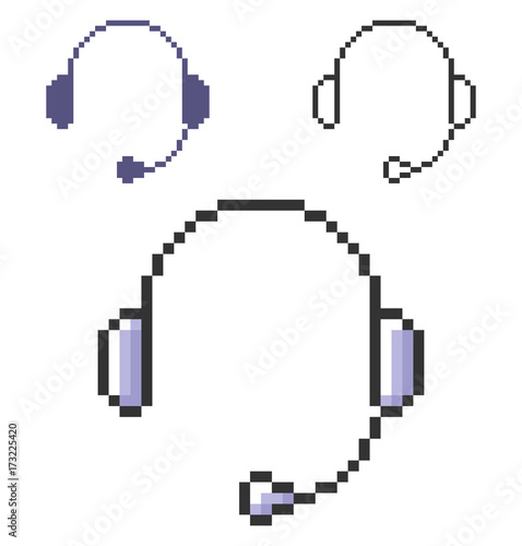 Pixel icon of headphones in three variants. Fully editable