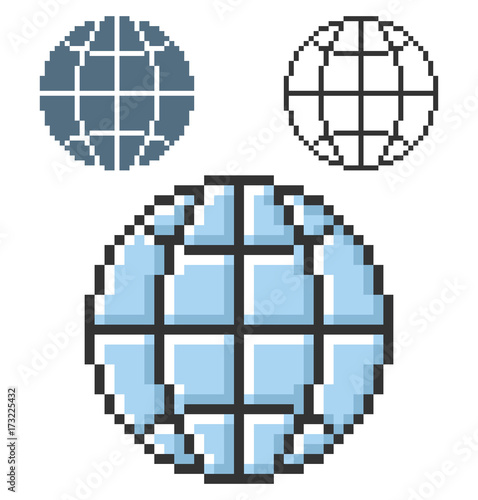 Pixel icon of globe in three variants. Fully editable