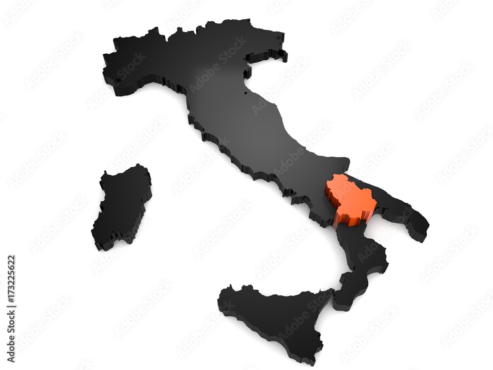Italy 3d black and orange map, with Basilicata region highlighted 3d render Italy 3d black and orange map, with Basilicata region highlighted 3d render