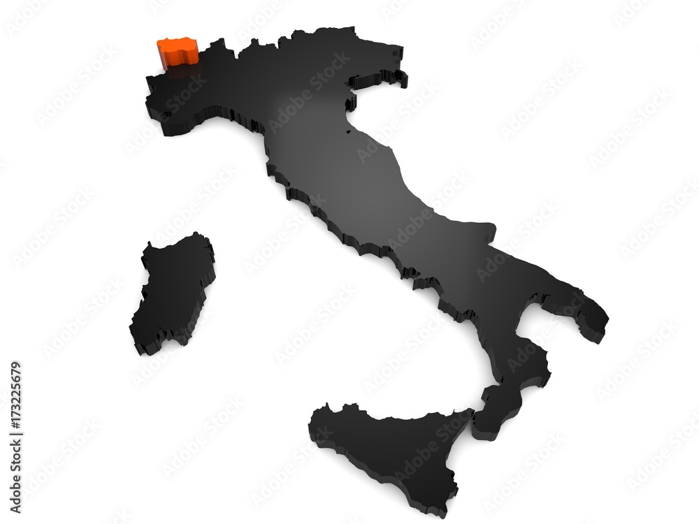 Italy 3d black and orange map, with Valle D'aosta region highlighted 3d render