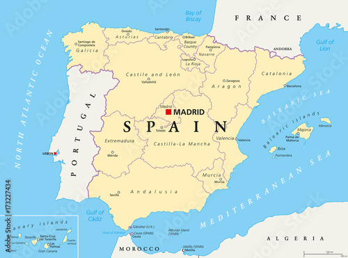Spain administrative divisions political map. Autonomous communities and their capitals. Territorial organization  municipalities  provinces and subdivisions. English labeling. Illustration. Vector.