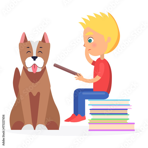 Blond Boy Sitting on Heap of Literature with Pet