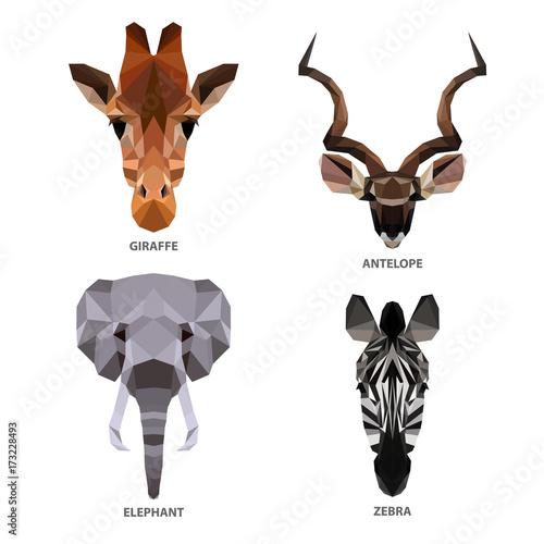 Vector polygonal animals set isolated on white. Low poly herbivores illustration. Color vector simple image.
