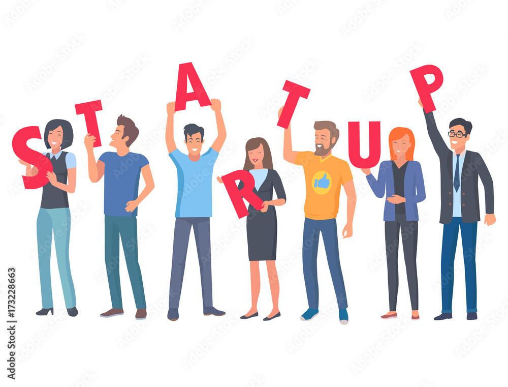 Young People Holding Capital Letters of Startup