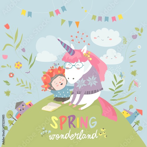 Cute girl hugging unicorn. Spring wonderland © Maria Starus