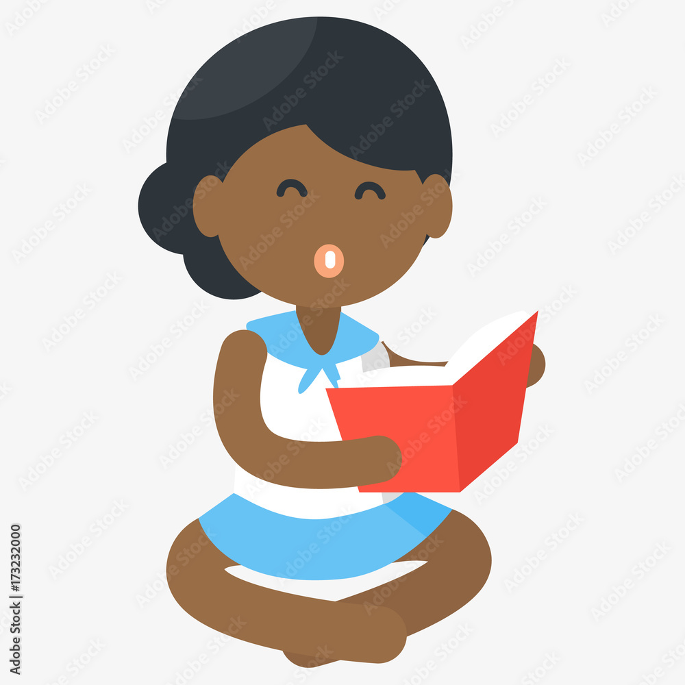 Happy African Girl Reading Open Book Vector