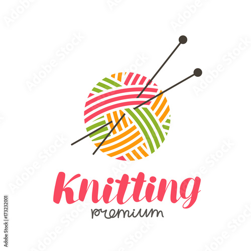 Knitting logo or label. Needlework, knit, ball of yarn and needles icon. Lettering vector illustration