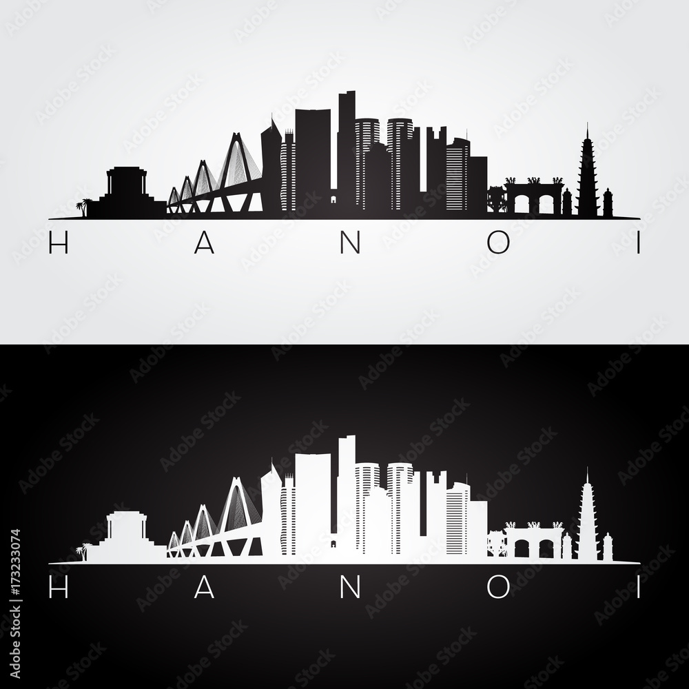 Hanoi skyline and landmarks silhouette, black and white design, vector illustration.
