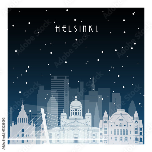 Winter night in Helsinki. Night city in flat style for banner, poster, illustration, game, background.