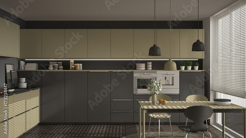 Modern kitchen with table and chairs, big windows and herringbone parquet floor, gray and khaki yellow minimalist interior design