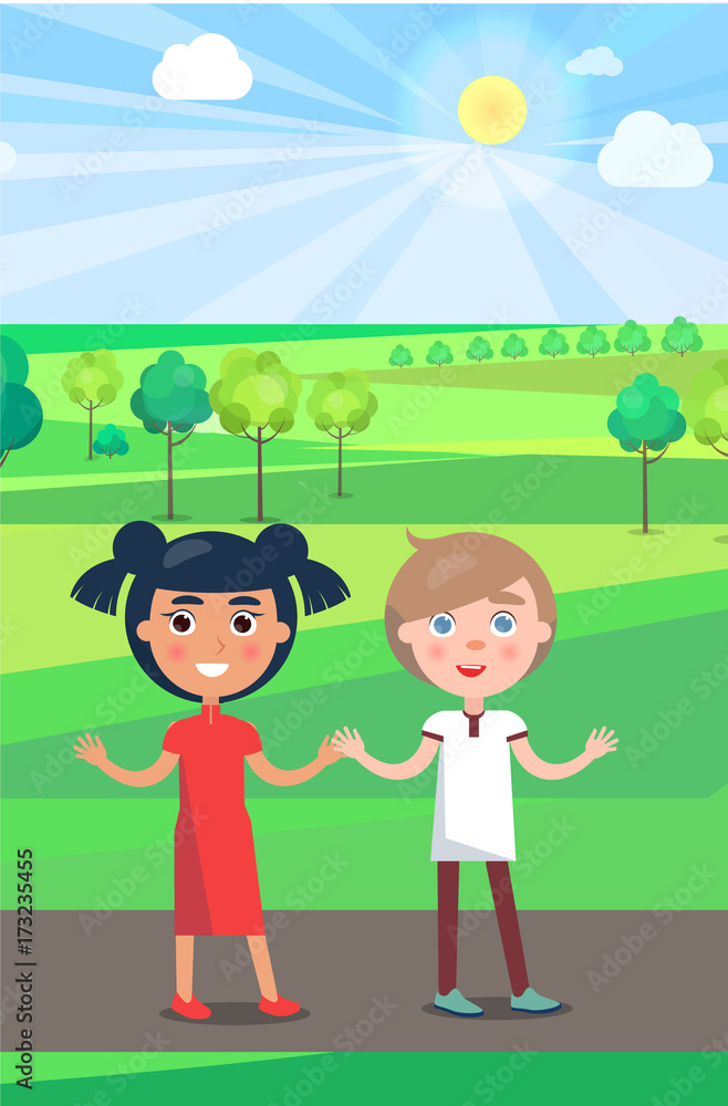 Girl and Boy on Path in Park in Sunny Weather Girl and Boy on Path in Park in Sunny Weather
