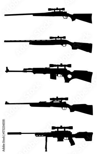 Rifle collection vector silhouette illustration isolated on white background. Sniper rifle, semi automatic, carbine, kalash... WW2 rifles. American weapon. Russian rifle.