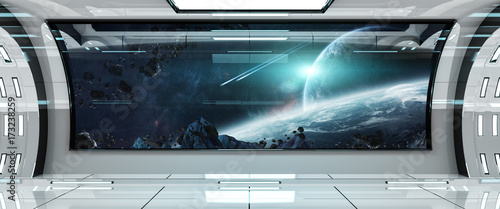 Fototapeta Naklejka Na Ścianę i Meble -  Spaceship interior with view on planets 3D rendering elements of this image furnished by NASA