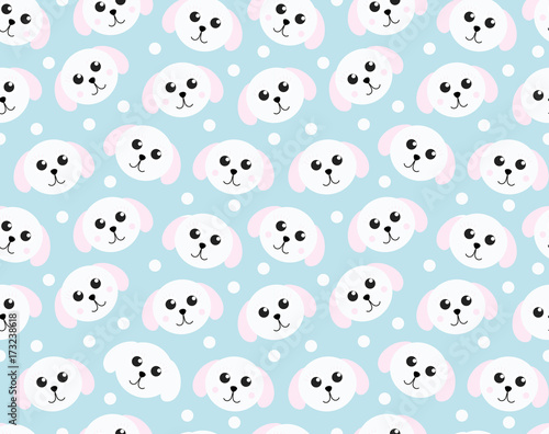 Cute puppy seamless pattern. Dog repetitive texture. Children endless background. Vector illustration
