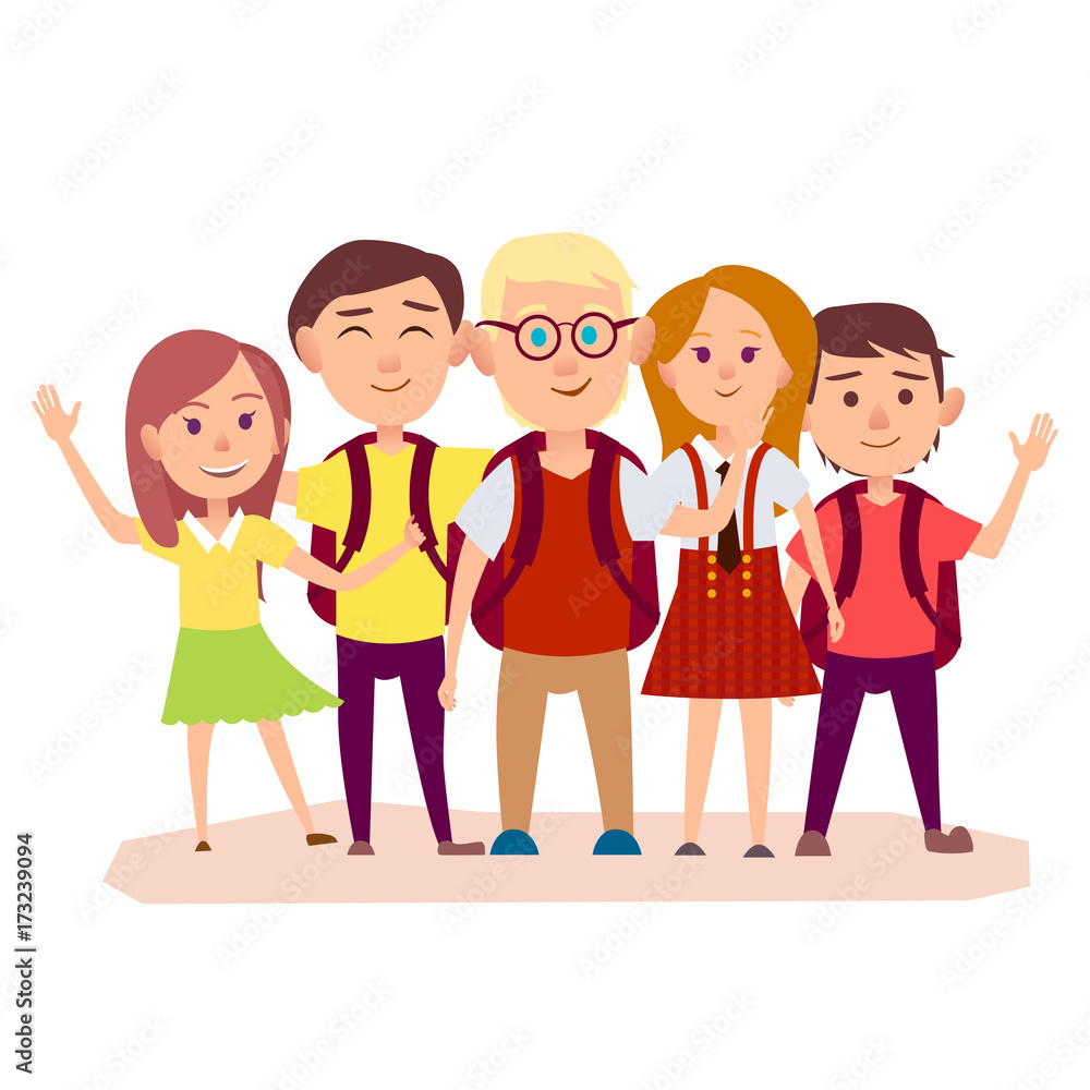Three Schoolboys with Backpacks and Three Girls Three Schoolboys with Backpacks and Three Girls