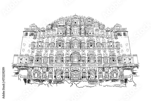 Sketch of Hawa Mahal Jaipur, rajasthan, India in vector illustration. photo