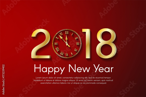 Golden New Year 2018 concept on red background. Vector greeting card illustration with golden numbers and vintage clock