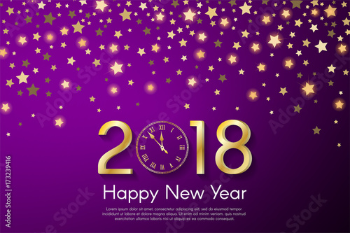 Golden New Year 2018 concept on purple blurry starfall background. Vector greeting card illustration with golden numbers and vintage clock
