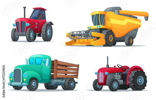 Set of agricultural transport. Farm equipment, tractors, truck and harvester. Industrial vehicles. Cartoon design vector illustration of rural machinery.
