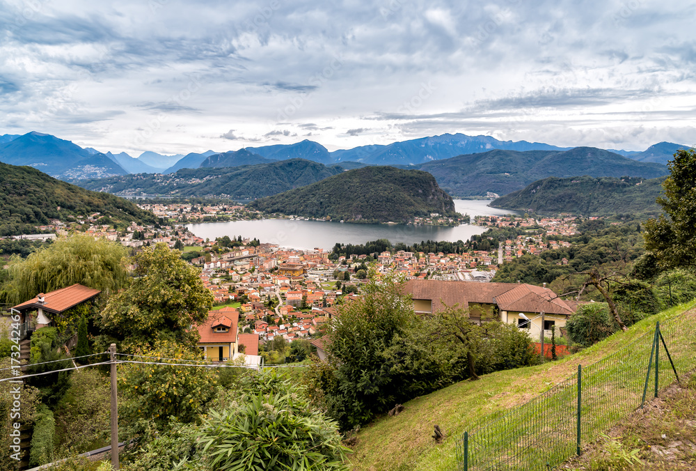 Panoramic view from small village Cadegliano Viconago of lake Lugano and Swiss Alps, Italy