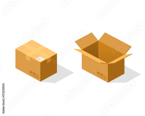 Open and closed paper box isometric. Vector Illustration