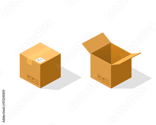 Open and closed paper box isometric. Vector Illustration