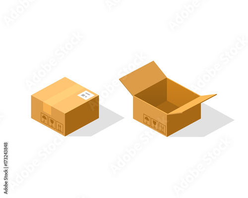 Open and closed paper box isometric. Vector Illustration