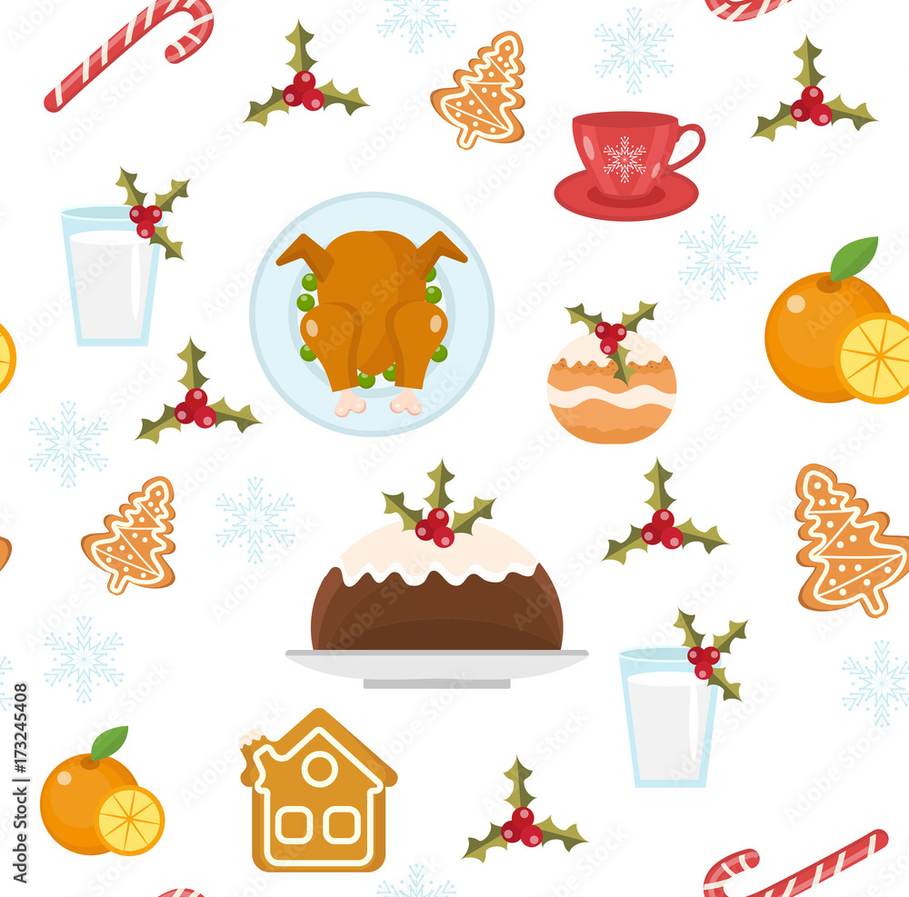 Christmas seamless pattern with holiday food. Xmas repeating texture, endless background. Paper, wallpaper, fabric. Vector illustration Christmas seamless pattern with holiday food. Xmas repeating texture, endless background. Paper, wallpaper, fabric. Vector illustration