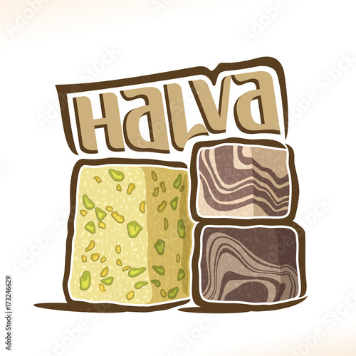 Vector logo for turkish Halva confection, heap of 3 sliced cubes with pistachio nut & layered chocolate tahini oriental dessert, original typography font for word halva, greek halvah with choco flavor