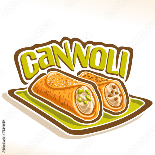 Vector logo for sicilian Cannoli confection, 2 italian cakes stuffed cream of cheese ricotta on green square dish, original typography font for word cannoli, cannolo filled chocolate chips & pistachio