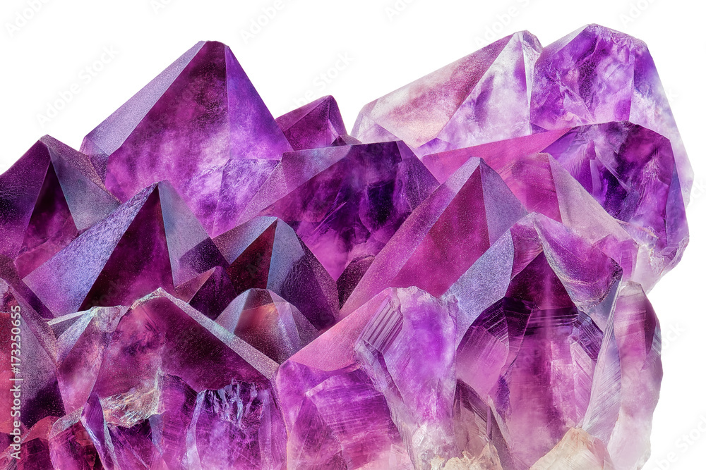 Crystal Stone macro mineral surface, purple rough amethyst quartz crystals - obrazy, fototapety, plakaty 