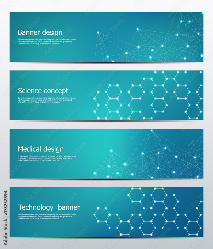 Technological and scientific banners with structure of molecular particles and atom. Polygonal abstract background. Vector illustration.