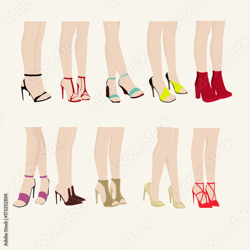 Woman's fashion shoe and model legs illustration vector collection set