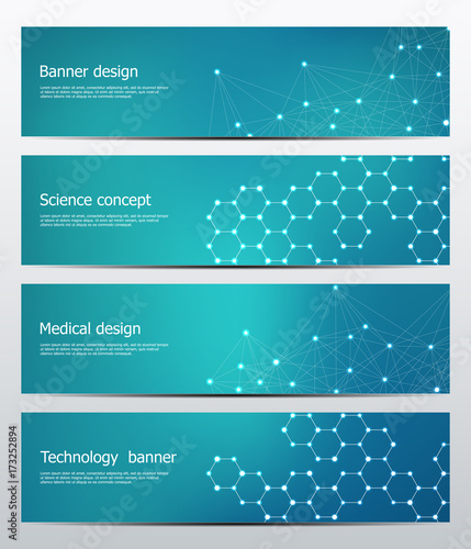 Technological and scientific banners with structure of molecular particles and atom. Polygonal abstract background. Vector illustration.