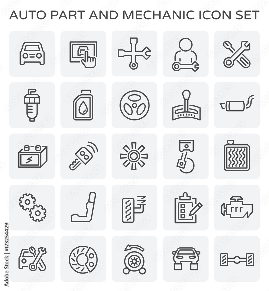 Vector line icon of car part and mechanic. Vector line icon of car part and mechanic.