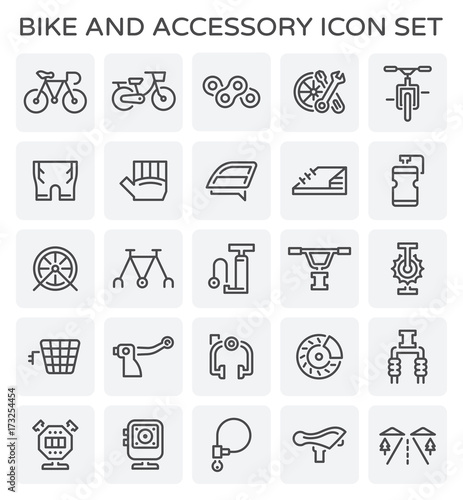 Bike accessory vector icon. Safety equipment and cloth i.e. helmet, glove, shoe. Part i.e. chain, wheel, frame, gear, disc brake, shock absorber. Sport vehicle for cyclist to ride, exercise, travel.
