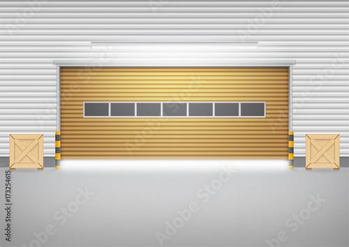 Roller door or roller shutter. Also called security door or security shutter. For protect residential, commercial and industrial building i.e. house, factory, warehouse, hangar. Vector illustration.