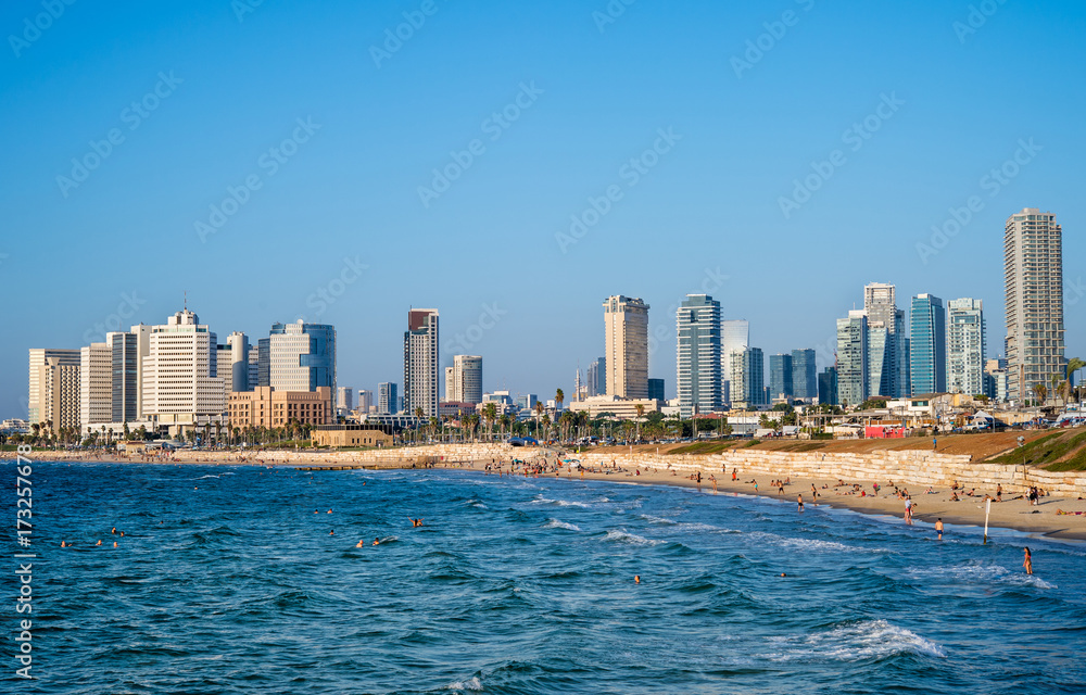 Skyline view of Tel Aviv beach coast and Mediterranean sea. Skyline view of Tel Aviv beach coast and Mediterranean sea.
