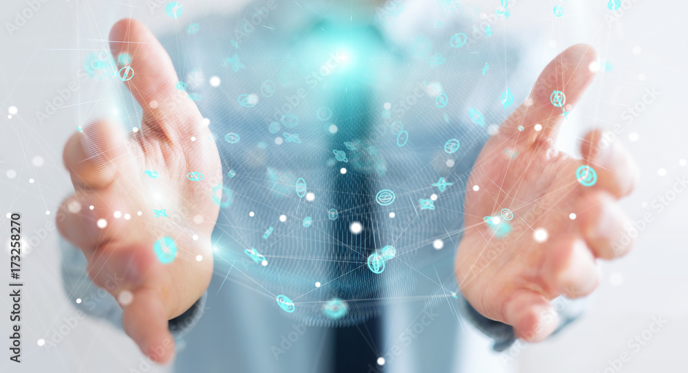 Businessman using holograms datas digital sphere 3D rendering Businessman using holograms datas digital sphere 3D rendering