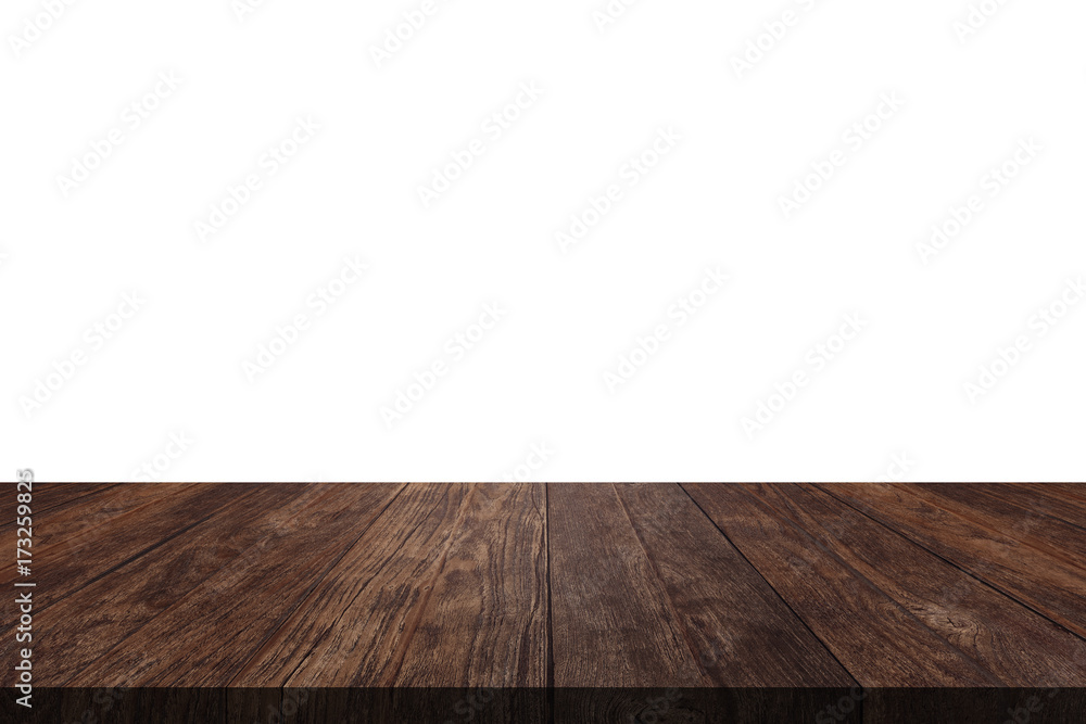 Wooden old table isolated on white background. For your product placement or montage with focus to the table top in the foreground. Empty wooden brown shelf. shelves Wooden old table isolated on white background. For your product placement or montage with focus to the table top in the foreground. Empty wooden brown shelf. shelves