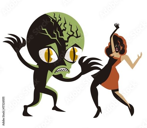 evil green alien monster and scared woman