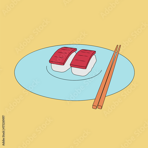 Sushi lying on a plate executed in animation style. Asian food. Vector illustration.