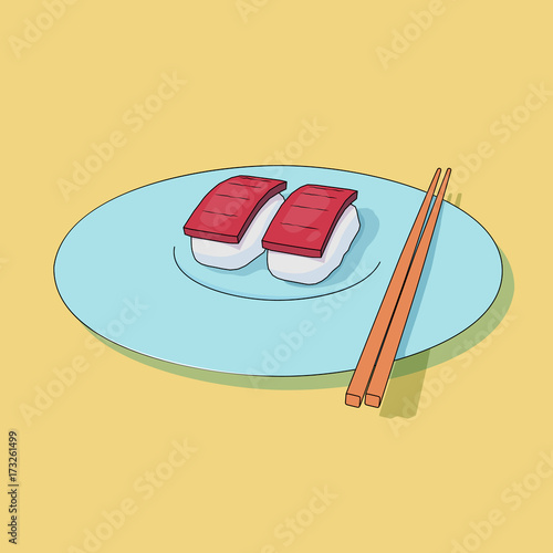 Sushi lying on a plate executed in animation style. Asian food. Vector illustration.