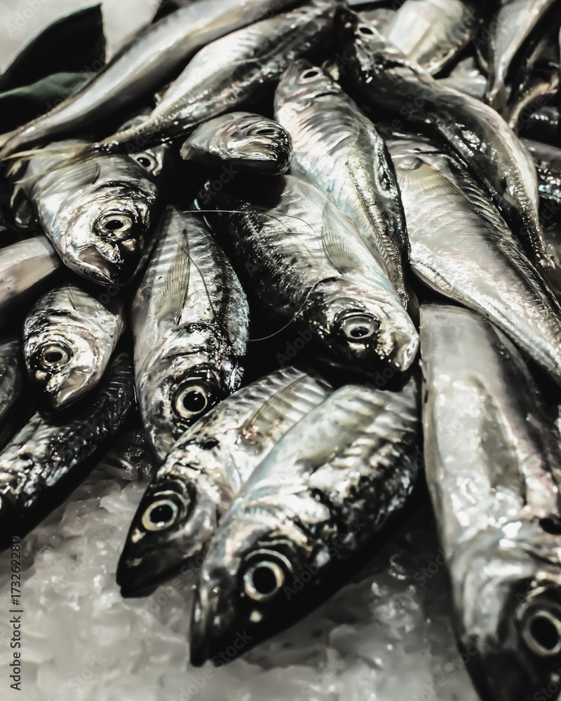 Obraz premium Fish on display / ice at a seafood market in barcelona, spain